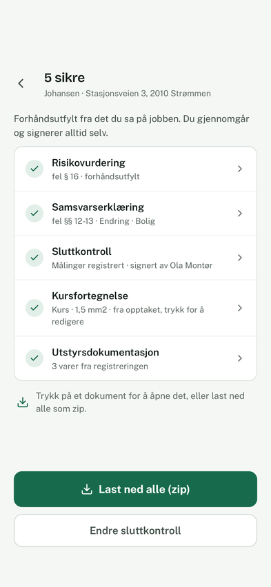 De fem dokumentene for jobben hos Johansen, alle forhåndsutfylt.