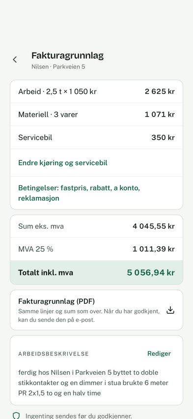 Fakturagrunnlaget Zentra lagde for jobben hos Nilsen: arbeid, materiell og servicebil, sum eks. mva, mva og totalsum.