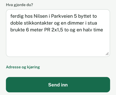 Feltet «Hva gjorde du?» med jobben hos Nilsen skrevet inn, og knappen «Send inn».